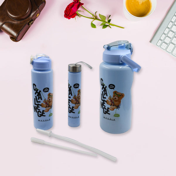 Plastic Water Bottle Set – BPA-Free, Leak-Proof, Cartoon Design for Kids & Gym (3 Pc Set)